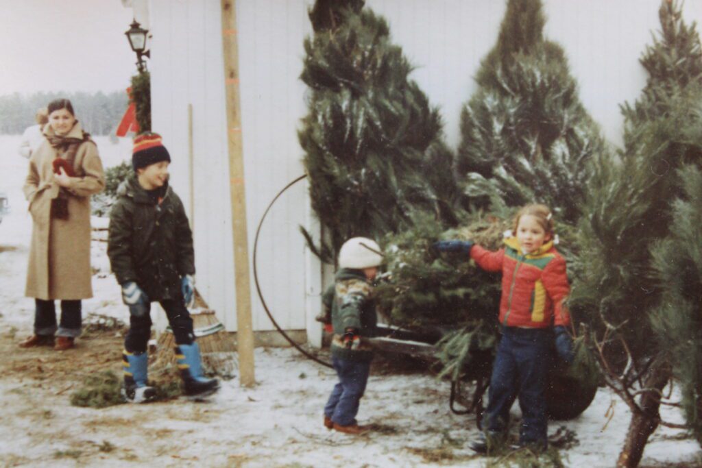 vintage photo with kids at Krueger's Christmas Tree Farm