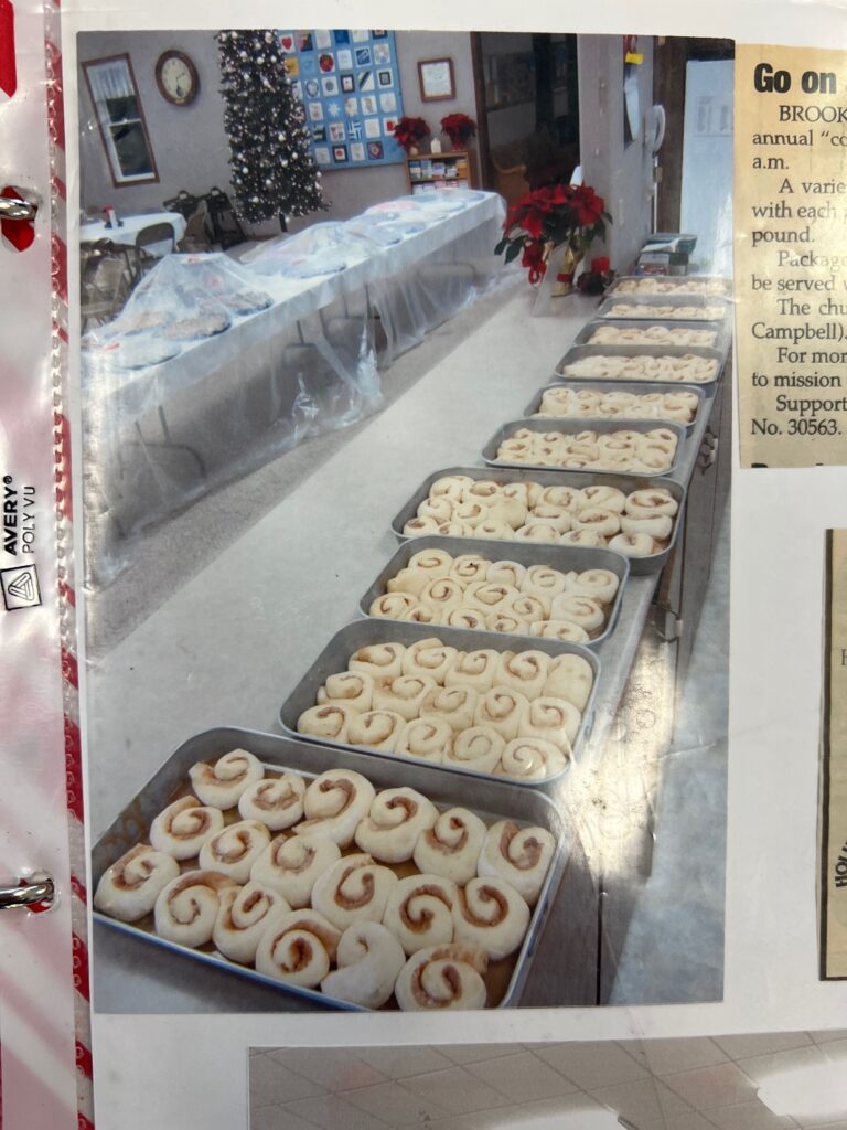 tables lined with cinnamon roll dough ready to bake at the Lake Campbell Lutheran Church cookie walk