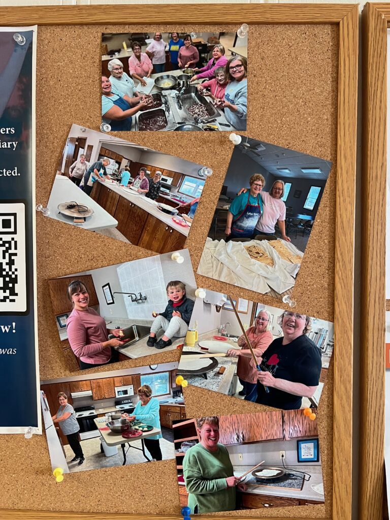 photos of people at the church kitchen making lefse