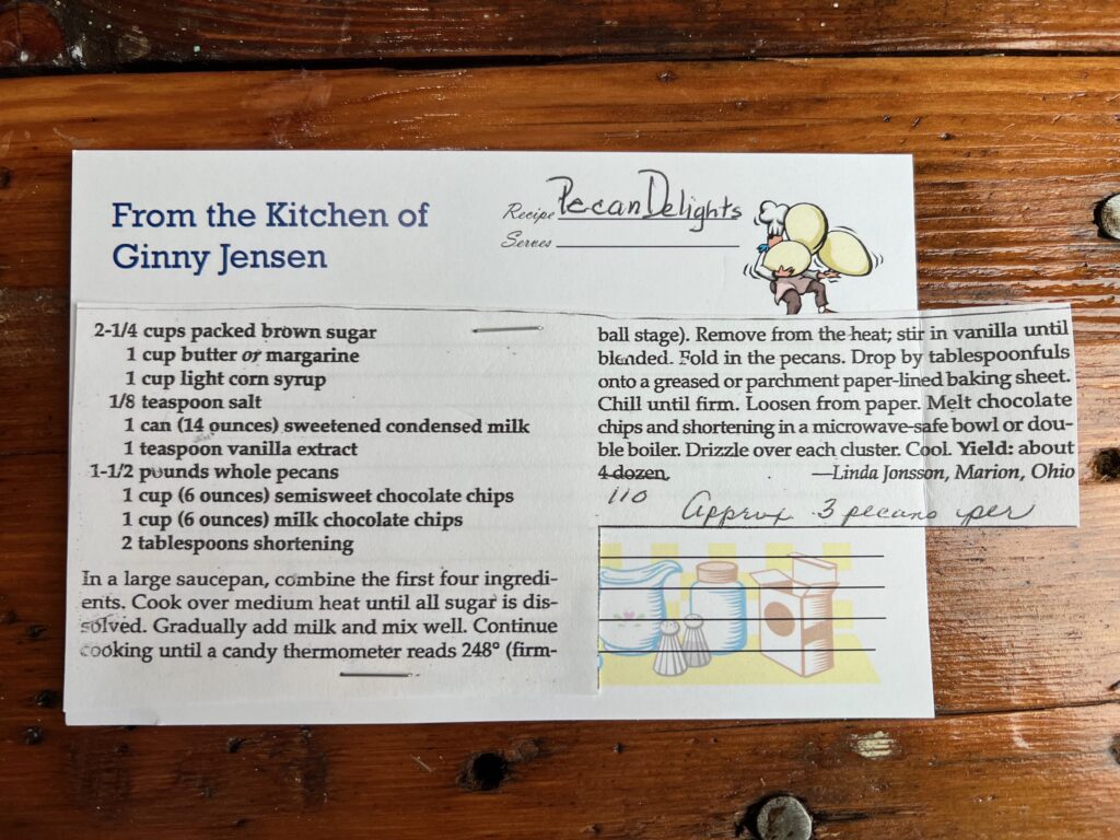 Ginny's recipe card for pecan delights