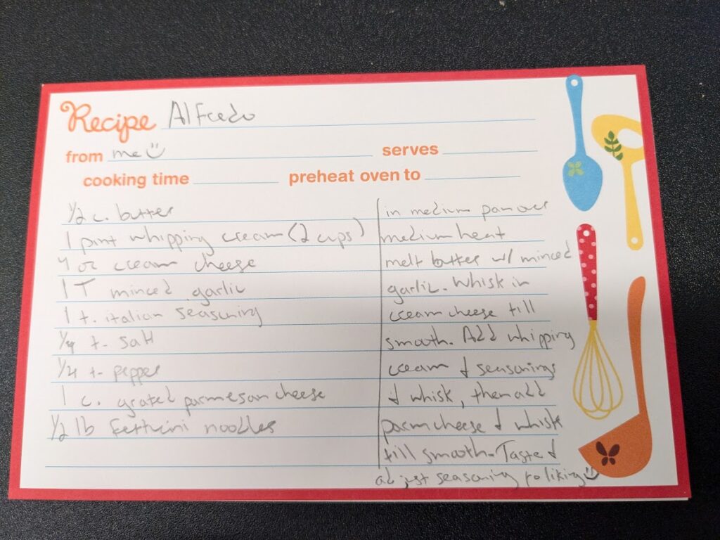 alfredo recipe card comfort food dish