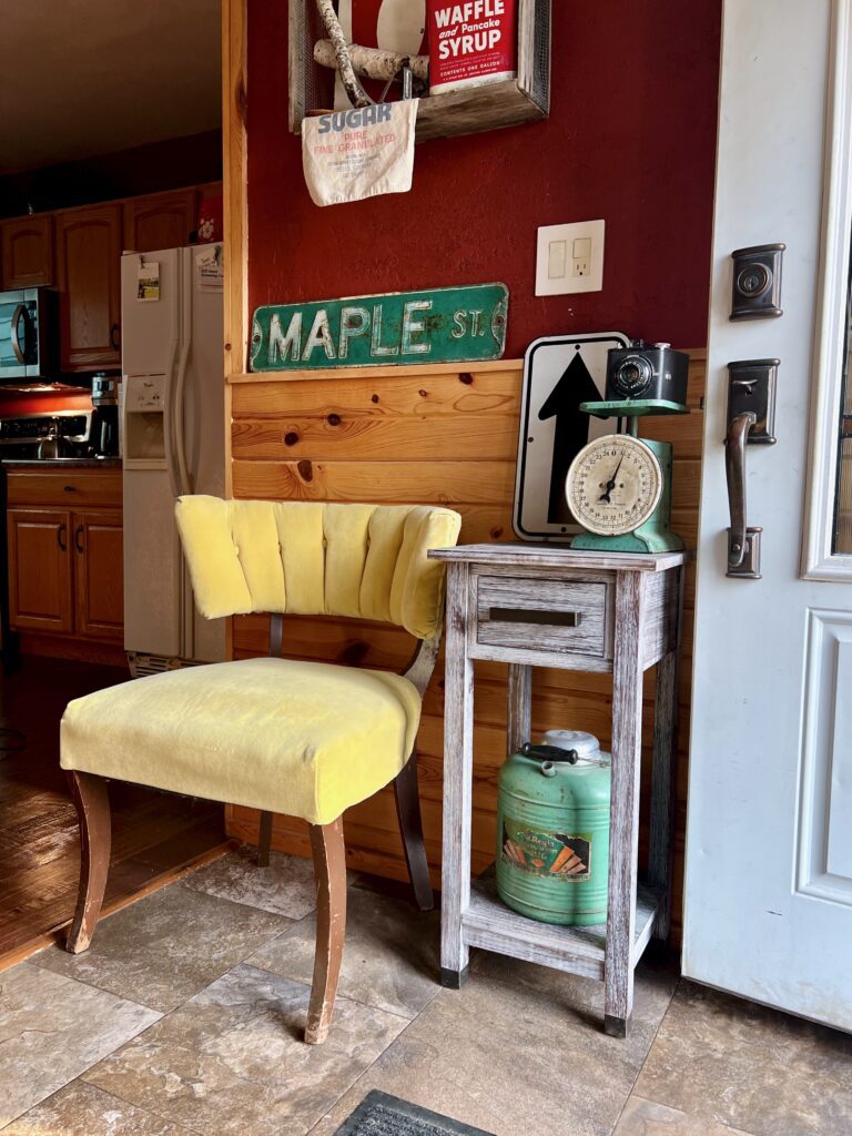 the yellow velvet chair I got at Homeless Treasures Tracy MN