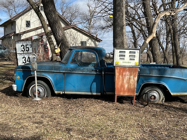vintage pickup truck and gas pump at Homeless Treasures Tracy MN